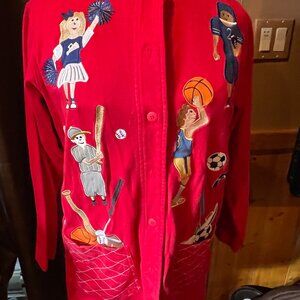 BECHAMEL appliquéd red woman’s top with sport theme, button up, size small
